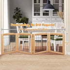 LZRS 4-Panel Extra-Wide Wooden Freestanding Dog Gate: Foldable Solid Wood and Steel Wire Chew Resistant Safety Barrier for Doorways, Stairs, and Large Open Spaces Indoor Use, Natural
