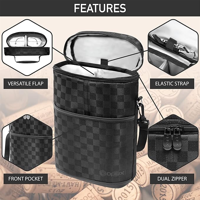 opux 2 Bottle Wine Carrier Tote, Insulated Leakproof Wine Cooler Bag, Wine Travel Bag Tote for Picnic BYOB Beach, Portable Wine Bottle Carrying Case, Gift for Wine Lover Women Men Christmas