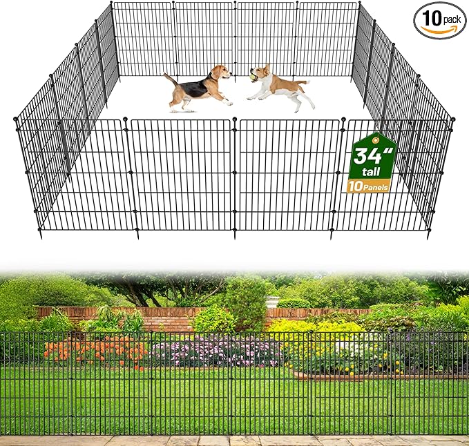 10 Panels No Dig Garden Fence Animal Barrier, 34in(H) × 22.5ft(L) Decorative Metal Outdoor Dog Fence, Rustproof Pet Fencing for Yard, Patio, Flower Bed -Temporary Fencing| Easy to Install