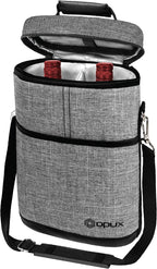 opux 2 Bottle Wine Carrier Tote, Insulated Leakproof Wine Cooler Bag, Wine Travel Bag for Picnic BYOB Beach, Portable Wine Bottle Carrying Case, Gift for Wine Lover Women Men Christmas, Heather Grey