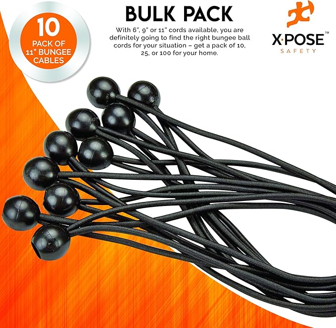 Xpose Safety Bungee Ball Cords 11" 10 Pack Heavy Duty Black Stretch Rope with Ball Ties for Canopies, Tarps, Walls, Cable Organization