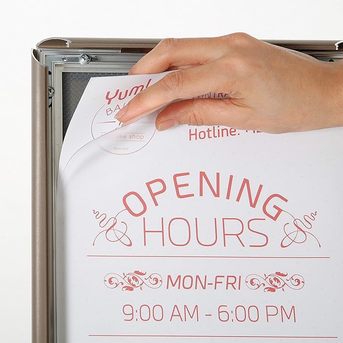 M&T Displays Curved Menu Board 11x17 Inch Pedestal Sign Holder with 8.5x11 Inch Brochure Holder Earth Color Floor Standing Aluminum Front Loading Easy Open Poster Message Advertisement Post