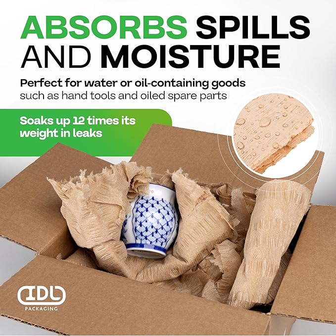 IDL Packaging 12" x 25' EcoMax™ Kraft Paper Cellulose Wadding (1 Roll) - Cushioning Wrapping and Box Void Filling - Soft and Gentle Packing for Shipping, Moving, and Storing Fragile Items