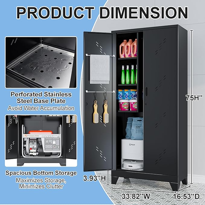 75" Heavy-Duty Metal Storage Cabinet with Lock - Wide & Deep Steel Tool Locker for Garage, Basement, Home Office - Outdoor/Indoor Pantry Organizer Cabinet