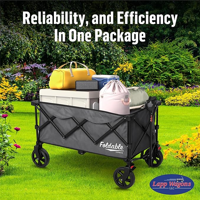 Lapp Wagons 39" Extra-Long Collapsible Folding Wagon Cart, Heavy-Duty 360 lb Utility Wagon with Wheels, Foldable Beach Wagon for Camping, Garden, Grocery, Sports, Outdoor Gear – Grey