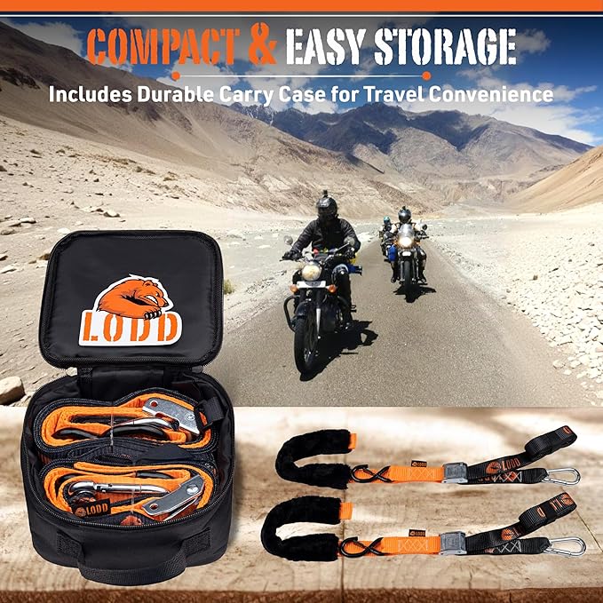 LODD - Motorcycle Tie Down Straps with Heavy-Duty Buckles, Fur Protection, Steel Carabiner, Reinforced Buckle | 2,400 lbs, 1.5" | Trailer Securing for Dirt Bike, Enduro, Trial, Quad, Trail