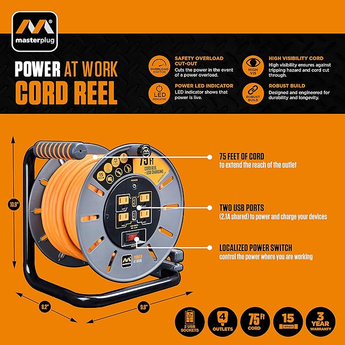 Masterplug 75ft Cord Reel, Retractable Extension Lead with Winding Handle, Safety Overload Circuit Breaker and Power Switch, 4x Grounded Outlets, 2x USB Ports, 15amps, 12AWG Cable