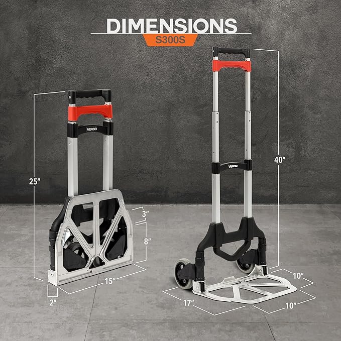 Vergo 100 Ibs Capacity Folding Hand Truck Dolly – Lightweight Aluminum Frame Dolly Cart with 40" Telescoping Handle, Compact Hand Cart with 5” Rubber Wheels - Ideal for Personal Use (S300S)