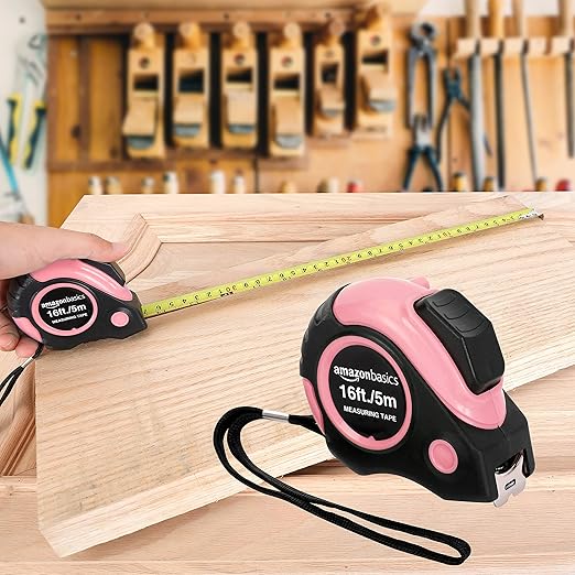 Amazon Basics Retractable Tape Measure with Push Button, Easy to Use, 16 Feet, Pink