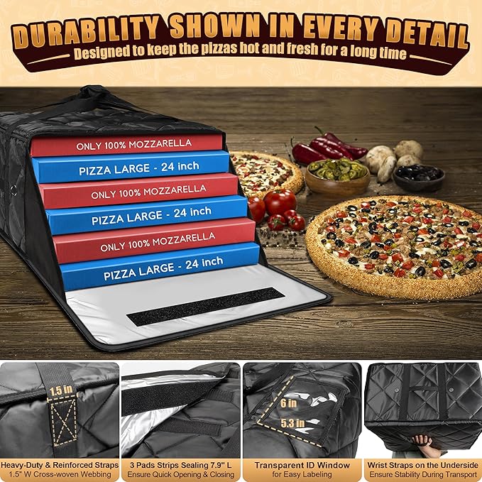 MyLifeUNIT Pizza Bag for Delivery, Thermal Insulated Pizza and Food Delivery Bag, 24" x 24" x 14" Pizza Warmer Bag, Holds 6-7 Large 22" Pizza Boxes, Hot Pizza Carrier Insulated Bags, Black