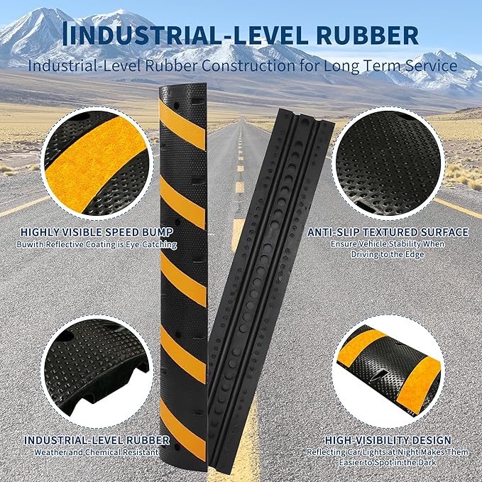2 Pack 6FT Speed Bumps for Road, Heavy Duty 25,000 Lbs Capacity Traffic Rubber Speed Humps with 2 Channel Floor Cord Cover for Asphalt Concrete Gravel Driveway Road Cable Protector Ramp