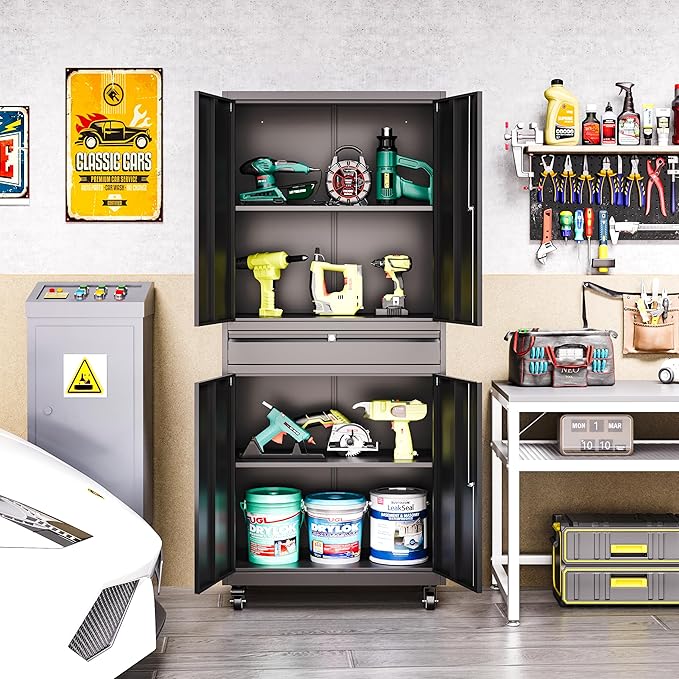 Metal Garage Storage Cabinet with 4 Wheels,Lockable Storage Cabinet with Adjustable Shelves and 1 Drawer,Rolling Tool Cabinet for Workshop Garage and School(Black)