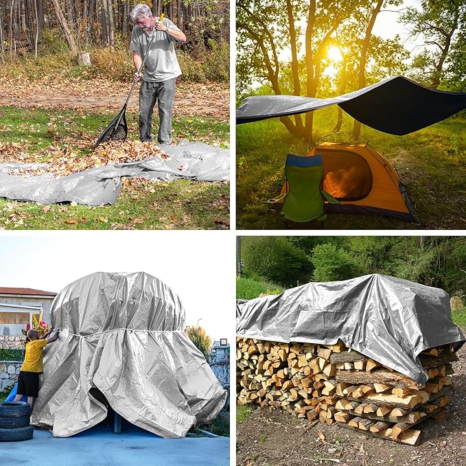 Tarp 12x12 Feet 14 Mil Heavy Duty Waterproof Tarp, Large Multipurpose Cover with Brass Grommets and Reinforced Edges, UV Resistant Thick Poly Tarps for Outdoor Camping Tent Pool Car