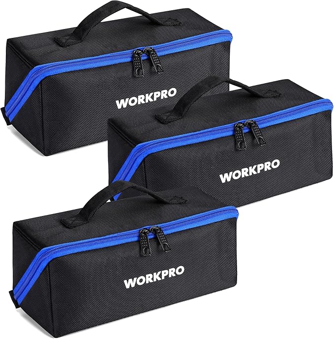 WORKPRO Tool Bag with Zipper, 10" Utility Wide Mouth Heavy Duty Tool Storage Bag, Multipurpose Zipper Tool Pouch Tote Bag for Organizer 3-pack