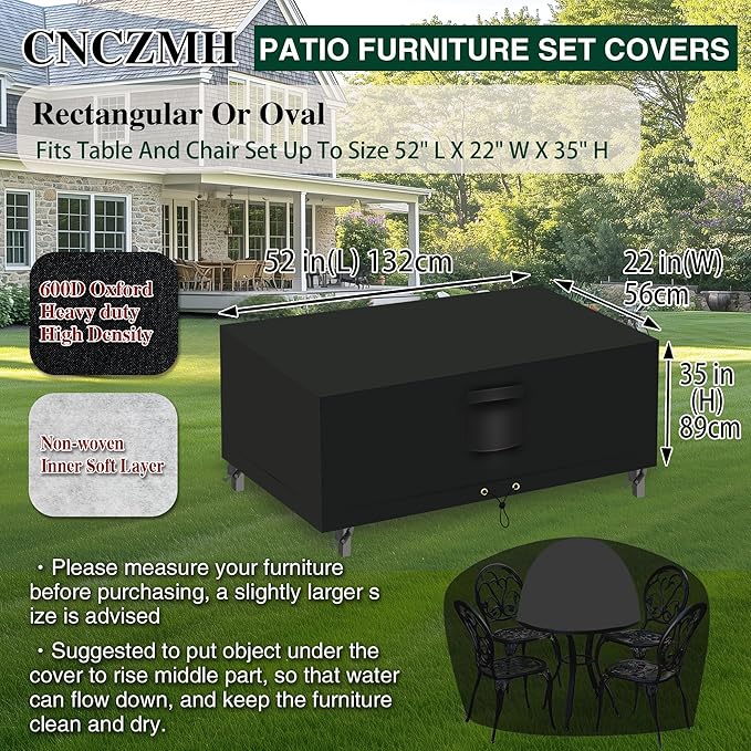 Heavy Duty Patio Furniture Covers Waterproof, 600D Outdoor Furniture Cover Waterproof for Sectional Sofa Couch, Outdoor Dining Table and Chair Set Covers 52''L x 22''W x 35''H, Black