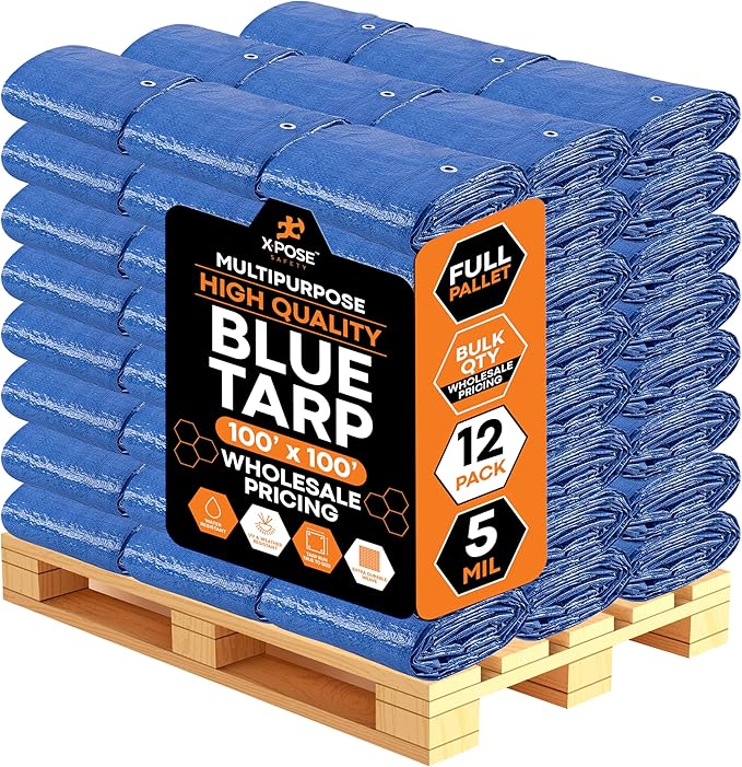 Better Blue Poly Tarp 100' x100' - Bulk Full Pallet (12 Pack) Multipurpose Protective Cover - Lightweight, Durable, Waterproof, Weather Proof - 5 Mil Thick Polyethylene - by Xpose Safety