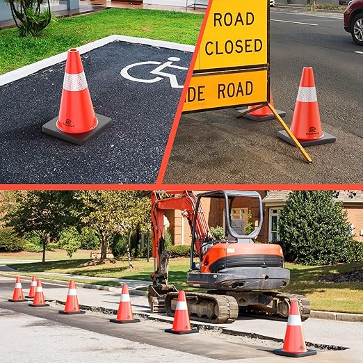 RoadHero 4 Pack Traffic Safety Cones 18 Inch with Black Weighted Base, Plastic PVC Cone, Orange Cones with Reflective Collar, Cones for Parking Lot, Construction Events, Road Safety