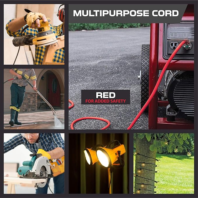 Iron Forge Cable 50 ft Lighted Outdoor Extension Cord - 12/3 SJTW Heavy Duty Red Extension Cable with 3 Prong 15 AMP Grounded Plug for Safety