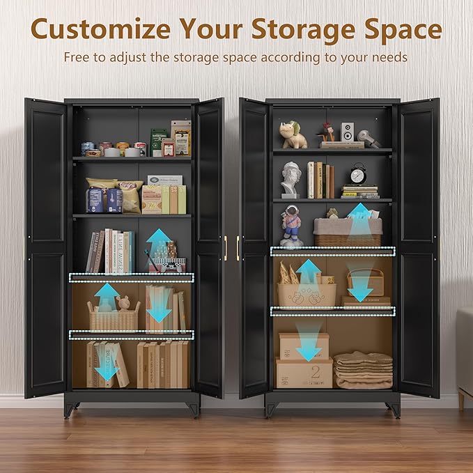 Kitchen Pantry Cabinet, 75" H Metal Storage Cabinet with Doors and Shelves, 4 Standing Feet, Cupboard for Kitchen, Dining, Living Room, 16" D x 32" W x 75" H, Black, Assembly Required