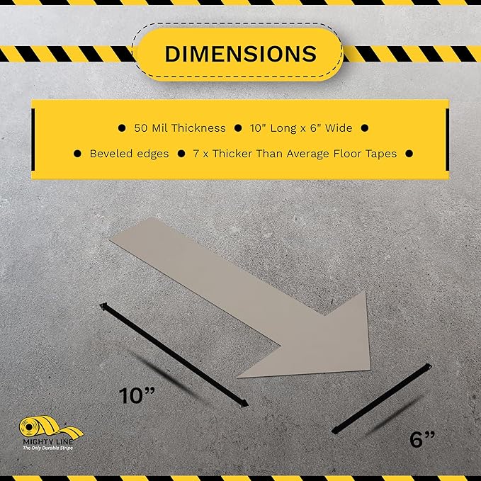 Mighty Line Solid Arrows Directional Sticker Sign Floor Marking Tape for Safety, Caution, Warning, Heavy-Duty, Peel and Stick, Adhesive, Industrial Quality, Gray, 10" by 6", Pack of 50