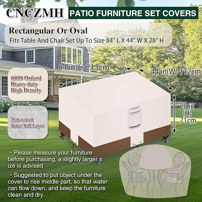 Heavy Duty Patio Furniture Covers Waterproof, 600D Outdoor Furniture Cover Waterproof for Sectional Sofa Couch, Outdoor Dining Table and Chair Set Covers 84''L x 44''W x 28''H, Beige Brown