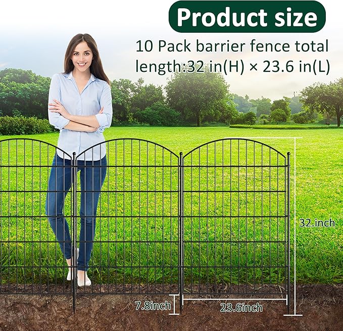 No Dig Dog Fence Outdoor for Yard: Heavy Duty Garden Fence Animal Barrier 10 Panels Metal Fencing Panels 32IN H x 23.6IN W with Ground Stakes for Dog Containment, Backyard Safety