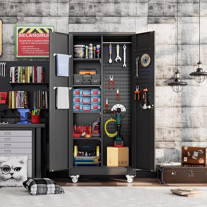 Garage Storage Cabinet with Wheels and 5 Pegboard, Broom Closet Storage Cabinet with Hanging Rod and 13 Hooks, Metal Cabinets with 4 Shelves for Garage, Home, 71"H x 31.5"W x 15.75"D, Black