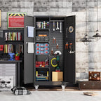 Garage Storage Cabinet with Wheels, Broom Closet Storage Cabinet with Pegboards and Adjustable Shelves, Metal Tool Cabinet with Lockable Door for Garage Home, Black