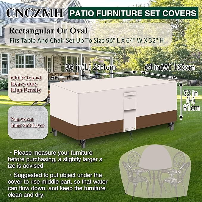 Heavy Duty Patio Furniture Covers Waterproof, 600D Outdoor Furniture Cover Waterproof for Sectional Sofa Couch, Outdoor Dining Table and Chair Set Covers 96''L x 64''W x 32''H, Beige Brown