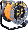 Masterplug 50ft Cord Reel, Retractable Extension Lead with Winding Handle, Safety Overload Circuit Breaker and Power Switch, 4x Grounded Outlets, 2x USB Ports, 15amps, 12AWG Cable