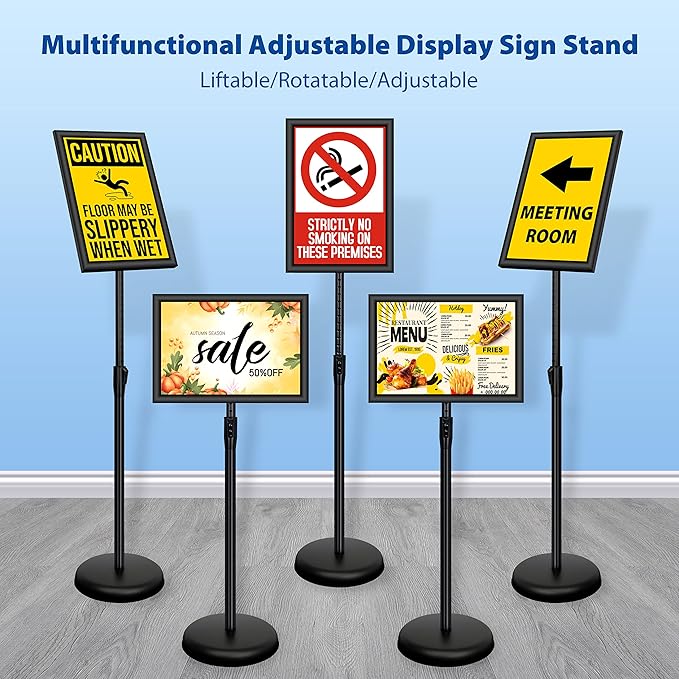 6Packs 11x17 Inch Adjustable Pedestal Poster Sign Stand, Heavy Duty Floor Standing Sign Holder Stand Aluminum Snap Open Frame for Vertical and Horizontal View Sign Displayed(Black)