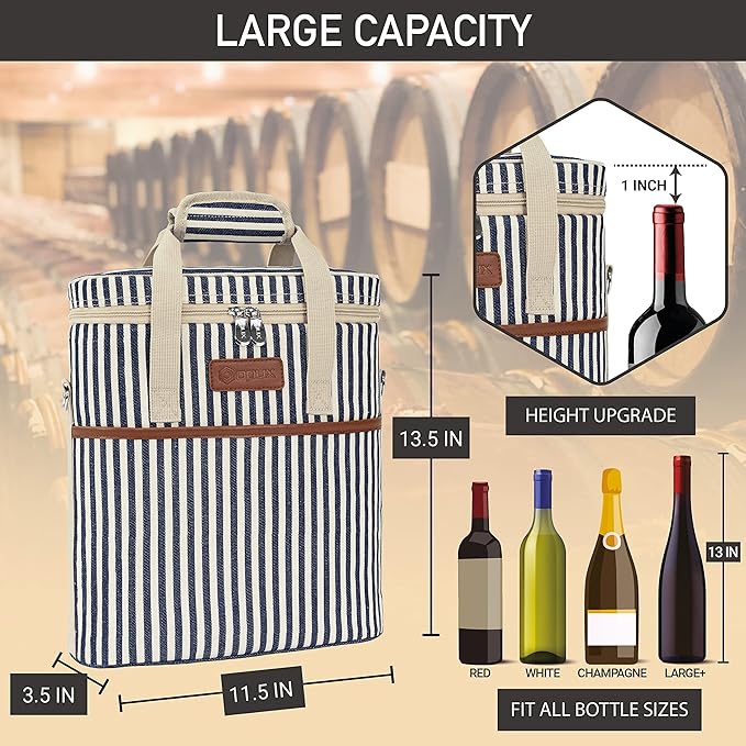 Opux 3-Bottle Wine Carrier Tote, Insulated Leakproof Cooler Bag, Portable Wine Bottle Tote for Picnic, BYOB, Beach - Stripe