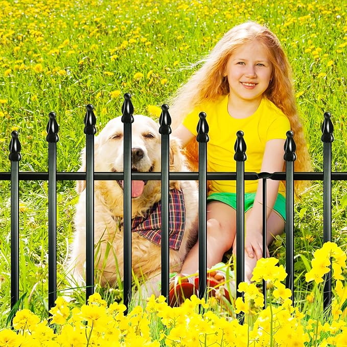 Metal Garden Fence 26" H x 24" W (5 Panels, 10 Ft Total) Rustproof Animal Barrier No Dig Decorative Fencing for Dogs,Pet, Yard,& Patio, Easy Installation