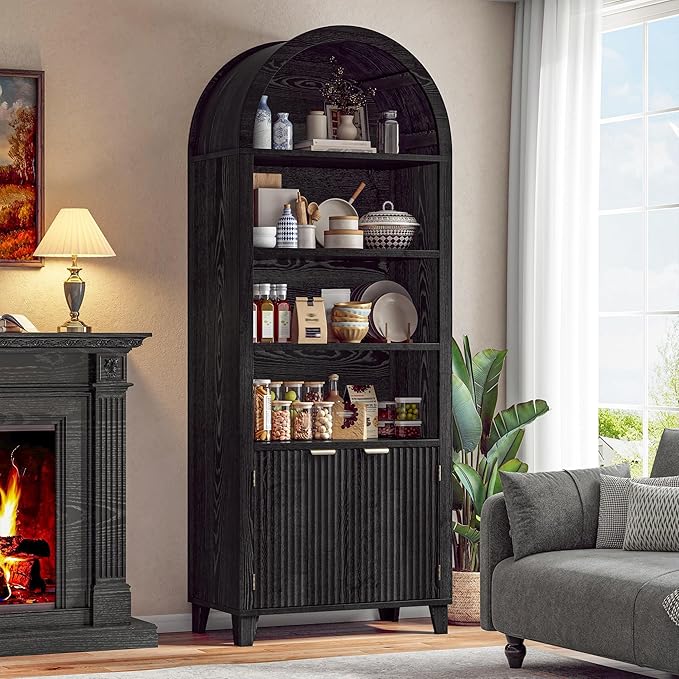 79.9" Tall Arched Pantry Cabinet, 6-Tier Kitchen Pantry Cabinet with Fluted Doors, Arch Storage Cabinet with Open & Adjustable Shelves, Versatile Cupboard for Dining Room, Living Room,Black