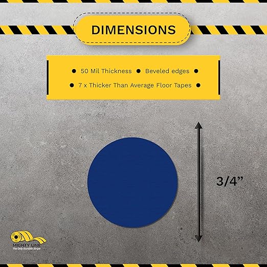 Mighty Line 3/4" Solid Dot Shaped Floor Marking Tape for Safety, Caution, Warning, Heavy-Duty, Peel and Stick, Adhesive Circle Spots, Industrial Quality, Blue, Pack of 200