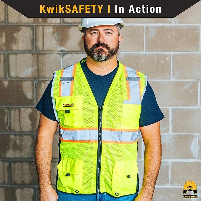 KwikSafety - Charlotte, NC - BIG KAHUNA Safety Vest [2 Pack] Class 2 ANSI OSHA Reflective Vest Durable High Visibility Vest Construction Safety Vest for Men Industrial Work Gear/Yellow Large
