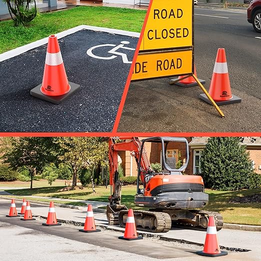 RoadHero 8 Pack Traffic Safety Cones 18 Inch, PVC Cone with Black Weighted Base, Orange Cones with Reflective Collar, Cones for Parking Lot, Construction Events, Road Safety
