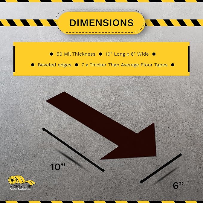 Mighty Line Solid Arrows Directional Sticker Sign Floor Marking Tape for Safety, Caution, Warning, Heavy-Duty, Peel and Stick, Adhesive, Industrial Quality, Black, 10" by 6", Pack of 50