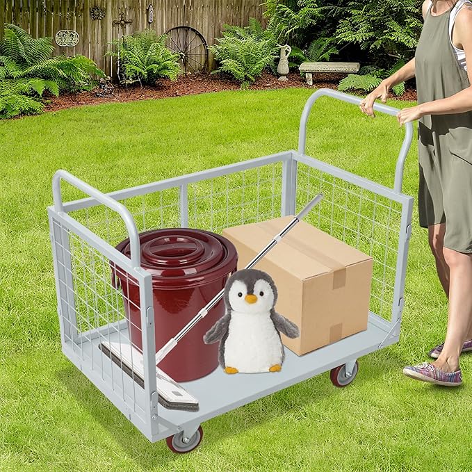 4-in-1 Heavy Duty Platform Truck Cart with Removable Cage, Folding Hand Cart with 4 Wheels, 1800 Lbs Load Capacity, Multi-Purpose Push Dolly for Groceries, Warehouse, Workshop, Logistics, Silver