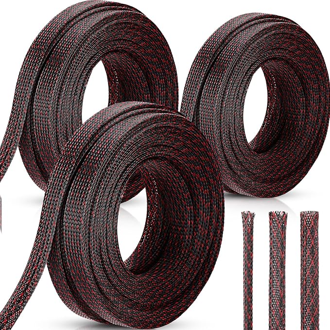 Pangda150 Feet 1/4, 1/2, 3/8 Inches Wire Loom Pet Expandable Braided Sleeving Braided Sleeve for Tv, Computer, Home Theater (Black-red)