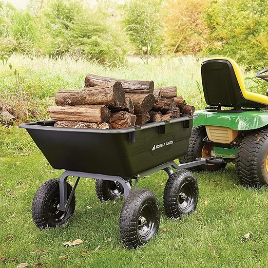 Gorilla Carts Heavy-Duty Poly Yard Dump Cart, 6 Cu Ft Tub, 1200 lb Haul Capacity, Black – Towable Utility Wagon with Quick-Release Dumping & Pneumatic Tires for Landscaping and Gardening