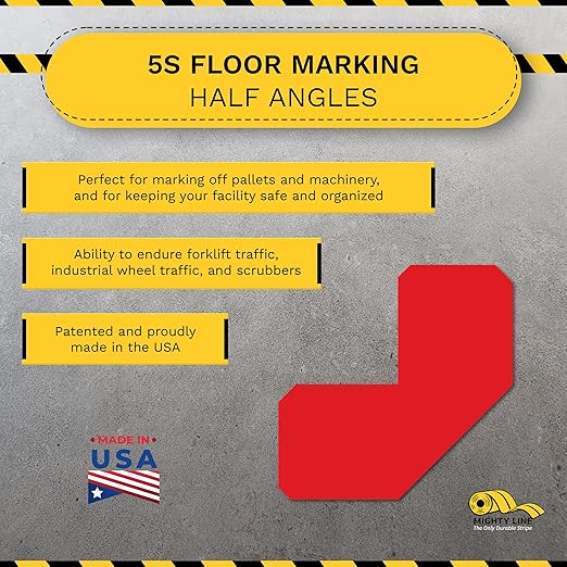 Mighty Line 2" Half Angle Marker Floor Marking Tape for Safety, Caution, Warning, Heavy-Duty, Peel and Stick, Adhesive, Industrial Quality, Red, Pack of 100