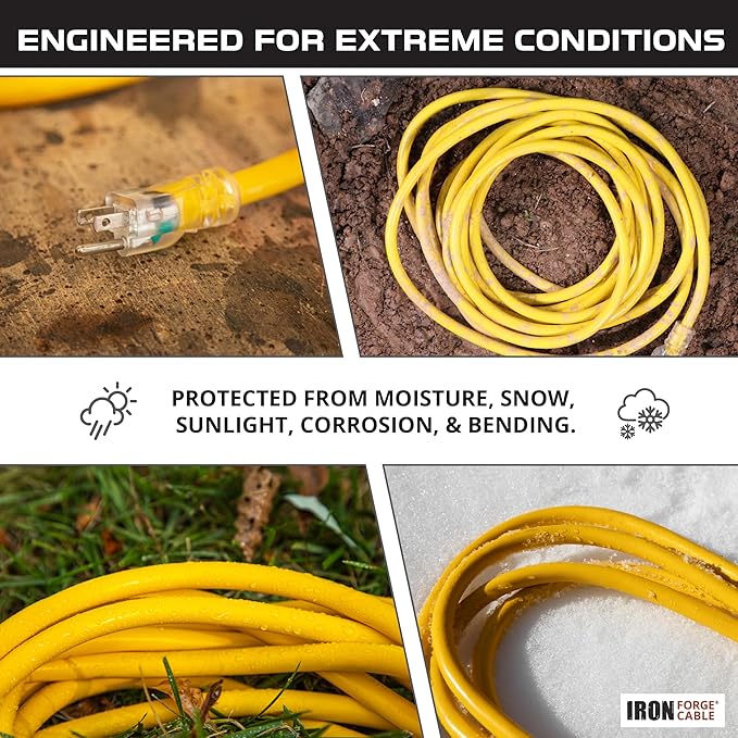 IRON FORGE CABLE 15 Foot Lighted Outdoor Extension Cord with 3 Electrical Power Outlets - 12/3 SJTW Heavy Duty Yellow Extension Cable with 3 Prong Grounded Plug for Safety