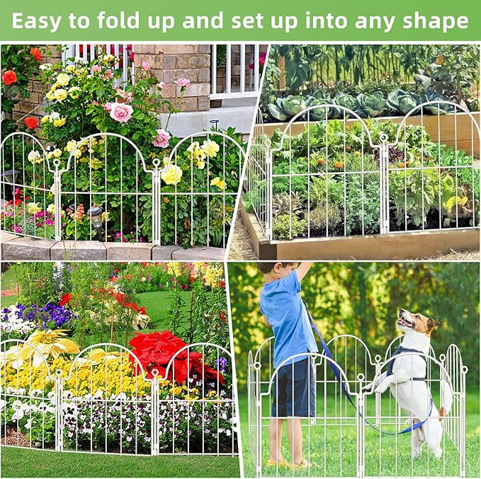 Decorative Garden Fence 17in (H) x 10ft (L), 10 Pack Metal No Dig Garden Fencing Animal Barrier for Dogs & Rabbit, Arched Flower Bed Edging Ornamental with Ground Stake for Yard & Patio, White