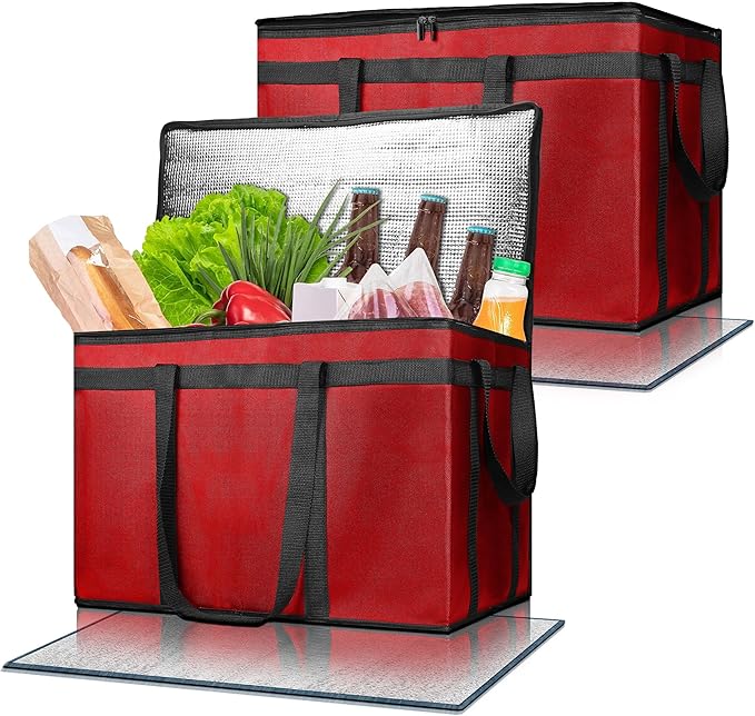 Pack of 2 Insulated Food Delivery Bag with Hard Bottom, XXXL Large Reusable Thermal Cooler Grocery Tote Bag, Commercial Pizza Delivery Box Carrier for Uber Eats, Doordash Essentials, Hot and Cold Food