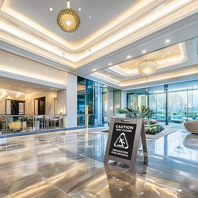 Premium Outdoor Composite Caution Wet Floor Sign – Bilingual w/Non-Skid Plastic Feet, Black Plate – For Hotels, Schools, Offices, Areas, Restrooms, Pool Decks & Shops, Grey