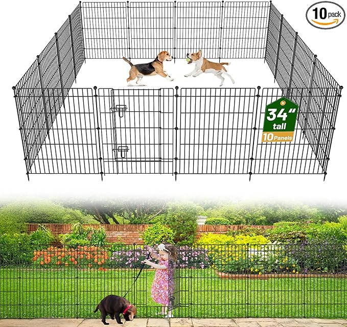 10 Panels No Dig Garden Fence with Gate, 34in(H) × 22.5ft(L) Decorative Metal Outdoor Dog Fence, Rustproof Pet Fencing for Yard, Patio, Flower Bed -Temporary Fencing| Easy to Install