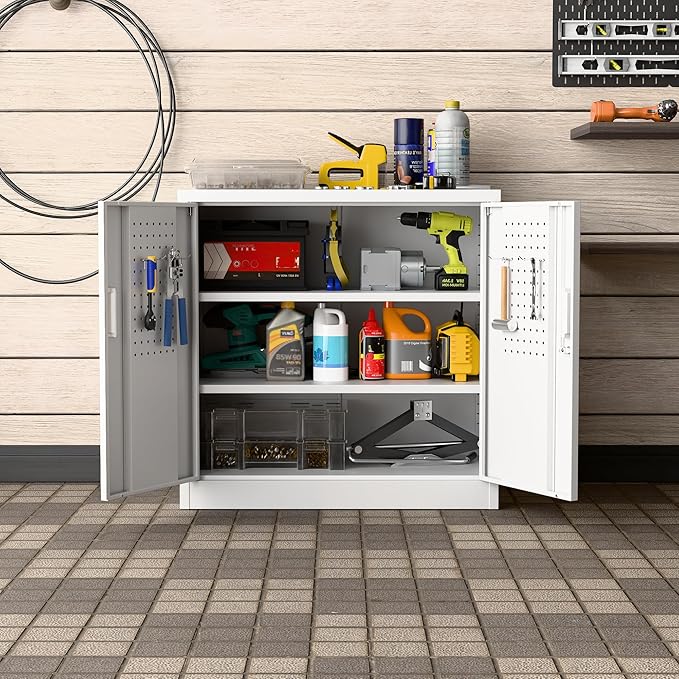 Metal Garage Storage Cabinet with Lock and Pegboard, Steel File Cabinets with 2 Lockable Doors and 2 Adjustable Shelves for Home, School, Office, Garage, Assembly Required, White