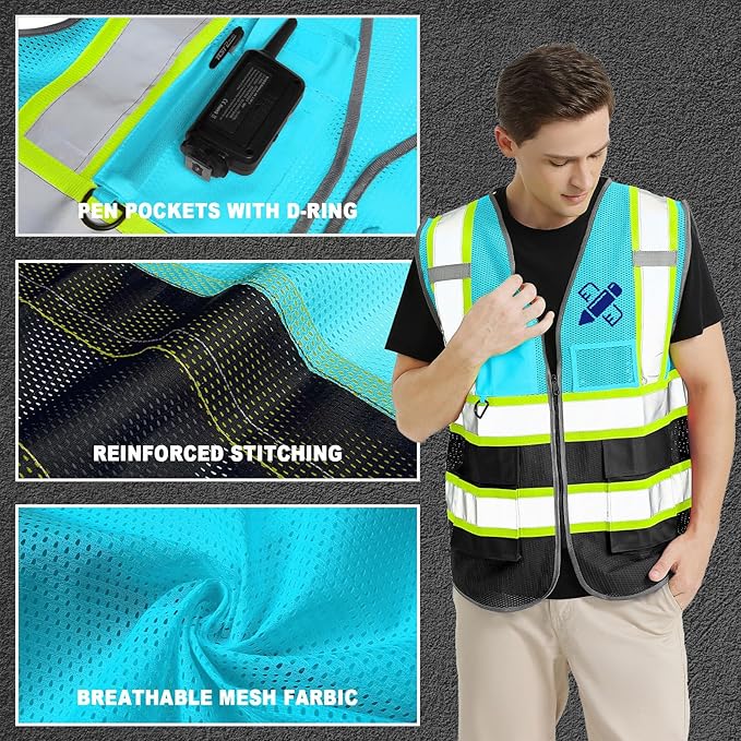 BeautyWill Custom Safety Vest Customized Logo Mesh Vest Class2 High Visibility Reflective Vest with Pockets Workwear（LightBlue Black，XL ）