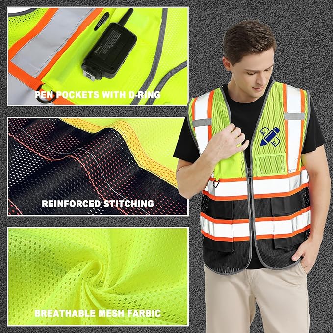 BeautyWill Custom Mesh Safety Vest Customized Logo Class 2 High Visibility Reflective Vest with Pockets Construction workwear （Yellow Black，XXL ）